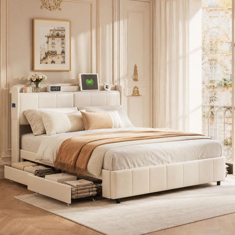 Cama doble 160x200 cm con 4 cajones de almacenaje, cama tapizada para adultos con carga USB Type-C, cabecero de piel sintética, somier de láminas, blanco (1/5)