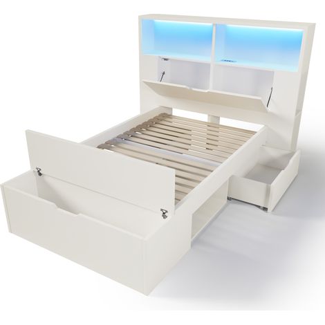 Lit en bois 90x200 cm blanc, lit simple avec espace de rangement, éclairage LED, ports de charge USB, tiroirs, banc de lit, étagères, sommier à lattes, pour chambre d’enfant/ado, sans matelas (1/5)