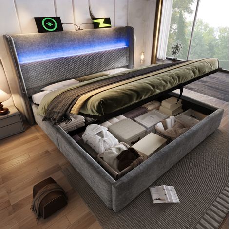 CHICFURN Cama con canapé 140x200 cm de lino gris, cabecero alto, LED, USB-C y colchón (1/5)