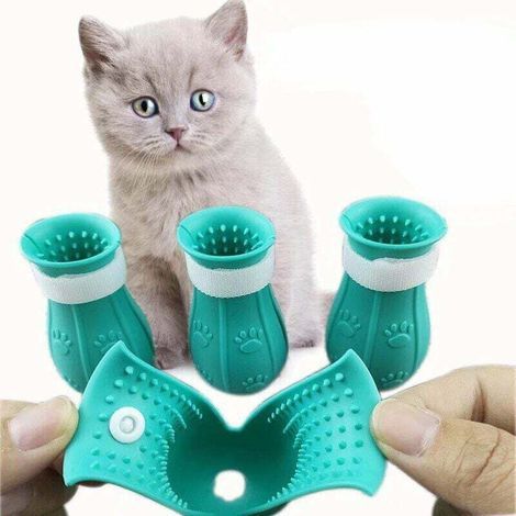 Anti-scratch cat boots – Food-grade silicone – Flexible fit – For bathing and grooming – Ocean blue (1/4)
