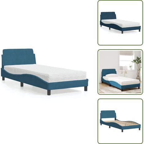 Lit avec matelas bleu 90x200 cm velours - Lit Double - Lit Plateforme - Lit Design - Lit Velours - Literie (1/5)