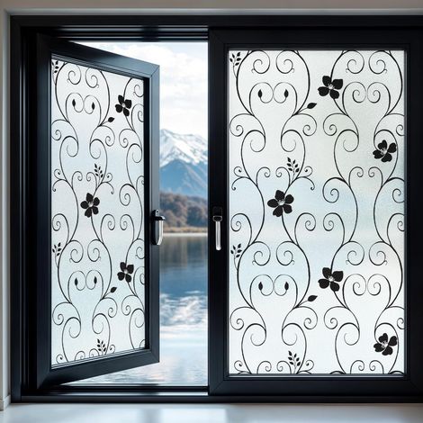 Sichtschutzfolie für Fenster – Dekorativer Fensteraufkleber – Selbsthaftend – Statisch haftende Folie mit UV-Schutz – Schwarzes Muster – 44,3 cm x 200 cm