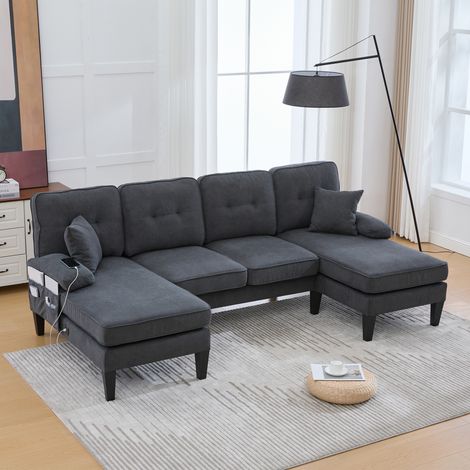 Canapé en U 4 places 250x130x88 cm avec 2 méridiennes, dossier incurvé, coussins moelleux, pieds robustes, tissu effet lin, Gris foncé (1/5)