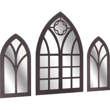 Miroir Mural Arqué Style Cathédrale en Bois Lot de 3 Pièces Décor de Ferme Rustique Miroir D’Entrée Décoratif pour Salon Décoration Murale Vintage D’Intérieur (1/5)