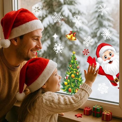 Autocollants Fenêtre Décoration de Noël, Stickers avec Motif Père Noël, Flocons de Neige, Décor pour Fenêtre en PVC Réutilisable pour Chambre D'enfant, Vitrine, Vitre Porte (1/3)