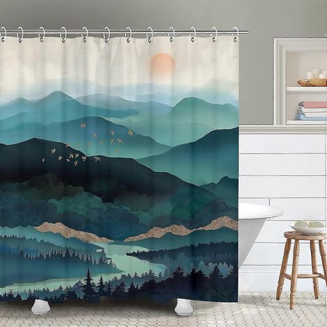 Rideau de douche motif montagne, rideau de douche bleu compatible avec salle de bain, rideau de douche frais et naturel, crochet de rideau de douche, motif aquarelle effet brouillard (1/4)