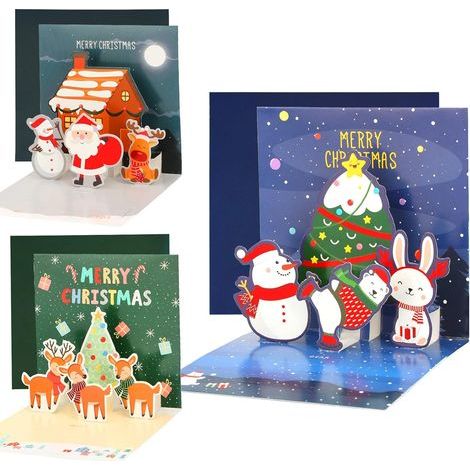 3D Pop Up Noël Carte de Voeux avec Enveloppes, Kit de 3 Cartes de Vœux Créatives pour Noel Cadeau Filles Garçons, Xmas Letters Noël Decoration Carte de Anniversaire Nouvel An-Muntra (1/3)