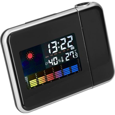 Réveil projecteur sans fil noir, horloge station météo, affichage de la température et de l'humidité, écran couleur LCD, rétroéclairage LED, fonction snooze.