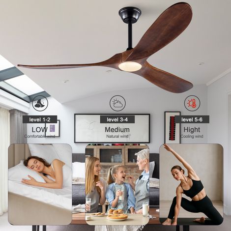 Ventilateur de plafond lumineux 132 cm en métal et bois noir, 6 vitesses, salon FloraGrace (1/5)