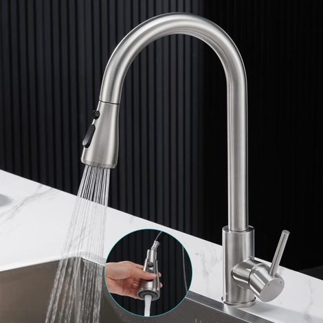Kitchen faucet with pull-out spray head, 304 stainless steel kitchen mixer tap, 360° swivel high spout sink faucet with 3 adjustment modes, brushed finish, hot and cold water (1/4)