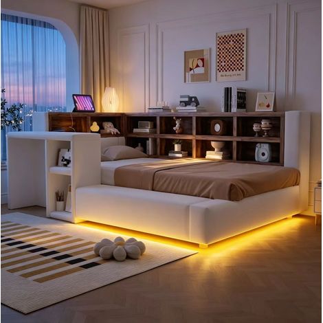 Polsterbett 90 x 200 cm Beige mit Stauraum, LED, Steckdosen und Beistelltisch OKWISH (1/5)