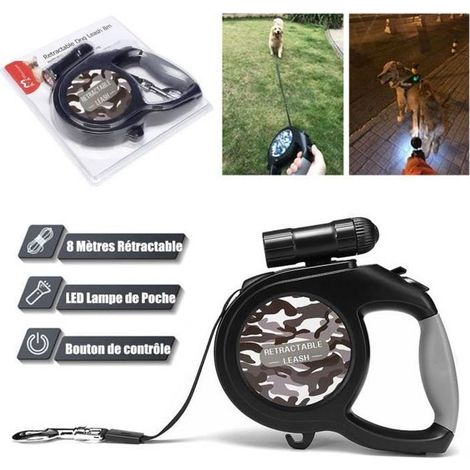 Laisse Large Chien 8M 50kg 9 LED Rétractable Nuit Poignée antidérapant Avec crochet Camouflage gris-Ywey (1/3)