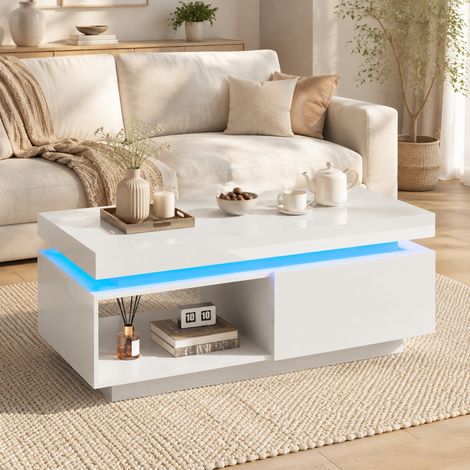 Moderne LED-Couchtisch 100 x 50 x 40,3 cm mit Schublade, weiß HAVRYA (1/5)