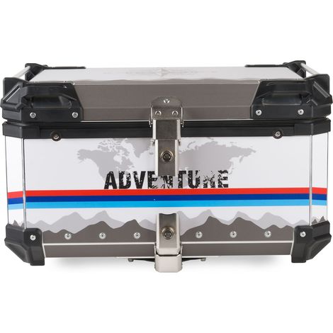 Baúl de aluminio para motocicletas de 65L, 2 cascos, gráficos de aventura, chapa de madera. (1/5)