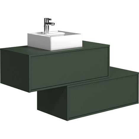 Vente-Unique – Meuble de salle de bain suspendu vert mat avec vasque carrée 94 cm – 2 tiroirs – Panneau de particule – Tiroir coulissant soft close