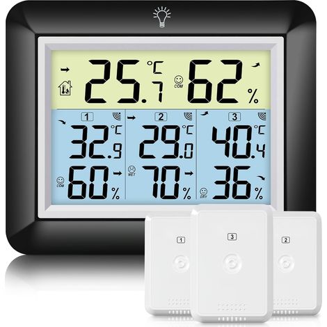 Thermometre Interieur Exterieur Sans Fil avec 3 Capteurs, Thermomètre et Hygromètre avec Rétroéclairage, Portée 100M, Enregistrement MIN/MAX, Précision Haute pour Maison, Jardin, Noir (1/5)