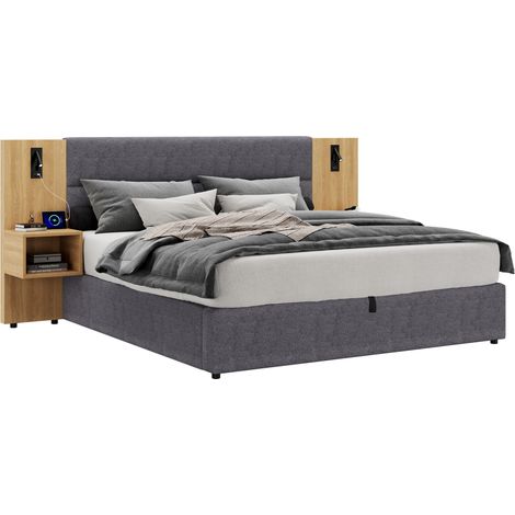 Lit rembourré 160 x 200 cm, lit hydraulique avec port USB, éclairage, deux tables de chevet avec rangement, sommier à lattes, montage facile, velours, gris et naturel