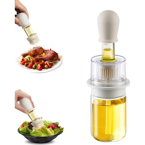 Distributeur d'huile avec brosse 2 en 1 180 ml Distributeur d'huile d'olive et bouteille de vinaigre avec pinceau à pâtisserie en silicone pour cuisine barbecue salade cuisson au four (Blanc) (1/5)
