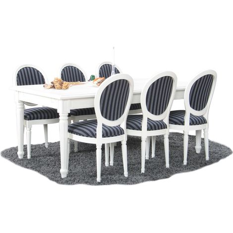 Amaretta Essgruppe100x180/280 einschl. 2 Zusatzplatten antik weiß mit 6 Rokoko Stühlen antik weiß/schwarz.