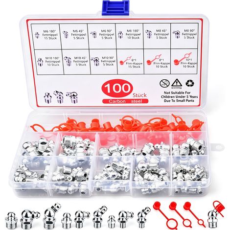 100 engrasadores M6 M8 M10, rosca macho niquelada de 45°, 90° y 180°, con tapa y caja de plástico, para equipos mecánicos.