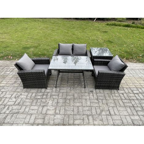 Fimous Outdoor Garden Furniture High Back Rattan Sofa Dining Table Set with Side Table Dark Grey Mixed (1/5)