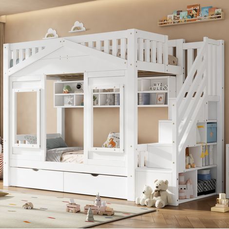 Etagenbett 90x200 cm weiß aus Kiefernholz und MDF mit Stauraumtreppe und Schublade (1/5)