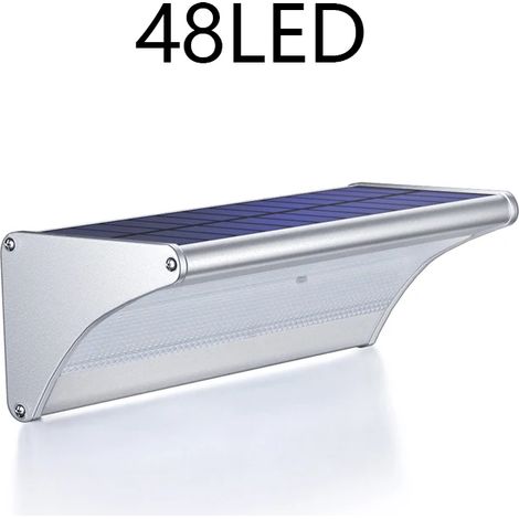 (Éclairage chaud - 48 LED - Argent) Appliques murales solaires pour jardin extérieur, lampe solaire avec capteur radar, en aluminium, étanche, 6000 mAh, pour éclairage de rue ou d'abri. (1/5)