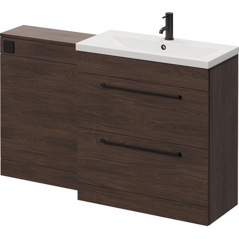Napoli 390 Cento Brown Oak 1400mm 2 Drawer Vanity Unit Toilet Suite with Glide Basin - 1400mm - Matt Black 480mm HandleWithout Kingston Toilet Pan