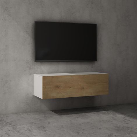 doporro Mobile Porta TV Sospeso 100 cm con Anta Bianco Opaco e Marrone Chiaro, Credenza Bassa da Soggiorno Salotto, Madia Consolle Bicolore per TV Fernsehschrank02