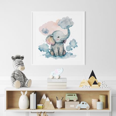 Poster / Affiche carrée Enfants - Éléphanteau nuages - 50x50 cm (1/3)