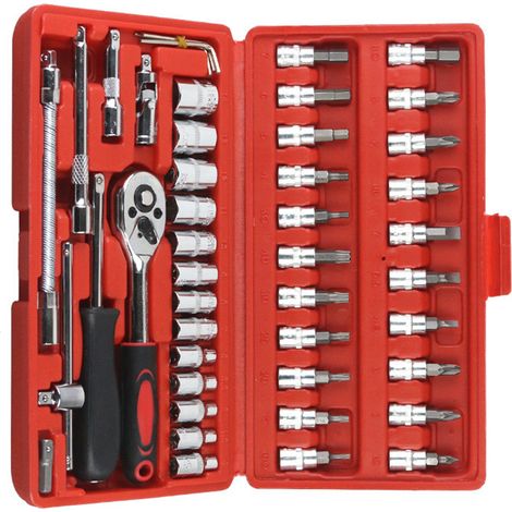 Clé à cliquet 1/4 pouce, 46 pièces, douilles et embouts CR-V, outil de réparation auto et maison, connecteur rotatif pour cliquet, coffret de tournevis à douilles. (1/5)