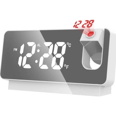Réveil projecteur, horloge miroir numérique avec projecteur rotatif à 180°, affichage de la température et de la date, fonction alarme, port de chargement USB, pour chambre, maison, blanc (1/2)