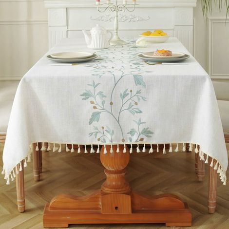 Nappe de salle à manger en coton et lin imperméable, style rustique, rectangulaire, motif fleurs de café vert, 140 x 140 cm