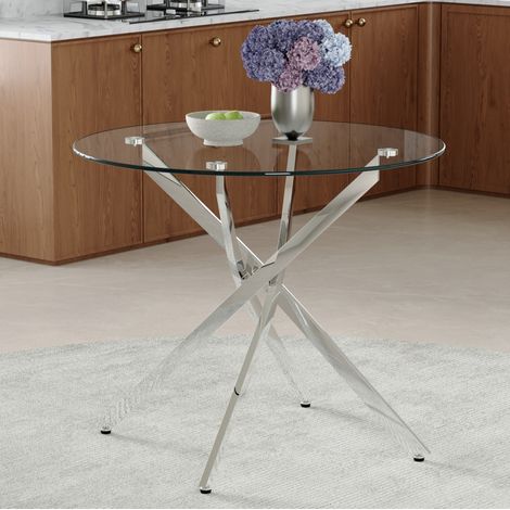 Mesa de comedor redonda de vidrio templado de 88 cm con estructura metálica plateada (1/5)
