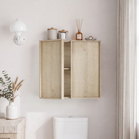 Mobile da bagno pensile 60 x 21,6 x 58 cm con 2 ante, effetto rovere HAVRYA (1/5)