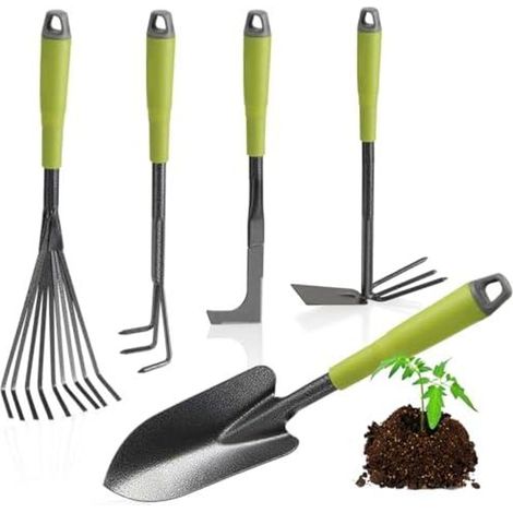 5-teiliges Garten-Werkzeug-Set - Gartenset mit Doppelhacke, Kleingrubber, Fugenkratzer, Handrechen, Blumenkelle - Gartenwerkzeug für Pflanzen und Gartenarbeit (1/5)