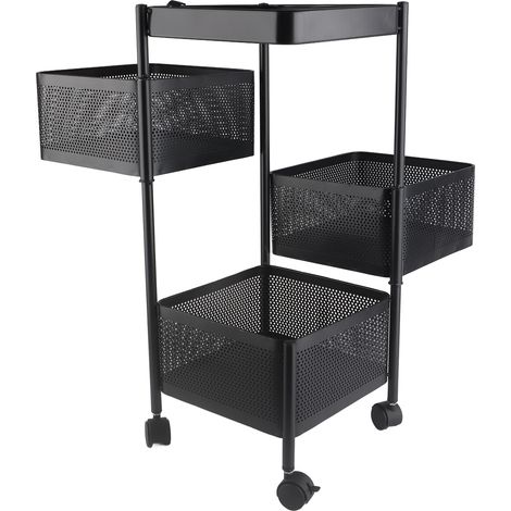 Étagère de rangement de cuisine rotative, panier pivotant stable en métal avec roulettes pour fruits et légumes, carrée, noire, 3 niveaux (1/5)