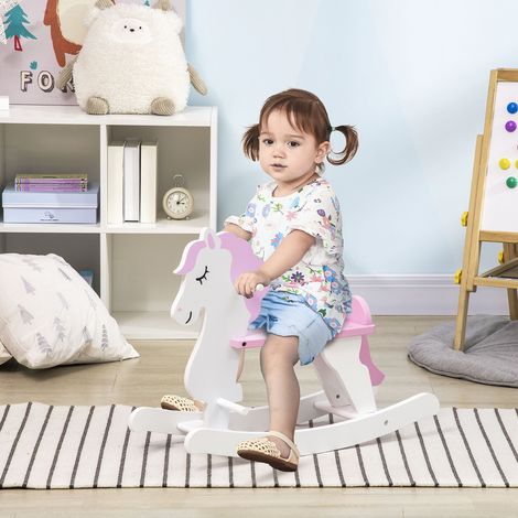 Cheval Bascule Enfants Guidon Pédales Charge Sport Entraînement 1 à 3 ans Bois Blanc Rose 50 kg 68x27x46,5cm