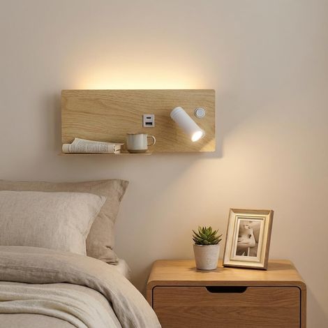 Applique Mural avec Spot Droit, Lumière LED de Lecture et d'Ambiance 2700K, USB-C et USB-A, Étagère pour Téléphone, Acier avec Finition Bois Clair, Double Interrupteur pour Chambre Tête (1/5)