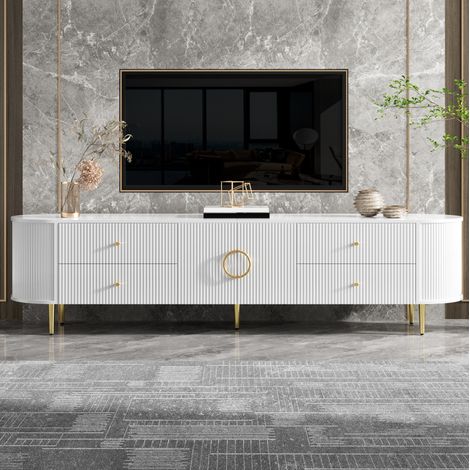 Meuble TV 180x40x38 cm blanc en MDF avec structure ondulée, tiroirs, rangement fermé et passe-câbles (1/5)