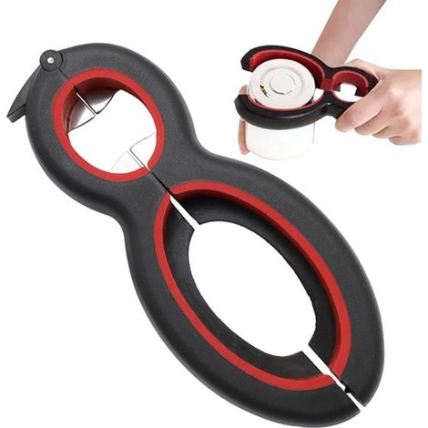 Ouvre-boîte multifonction 6 en 1 - Ouvre-boîte - Tire-bouchon - Ouvre-capsule à vis - Ouvre-boîte de cuisine - 14,5 x 6,2 x 2,3 cm - Rouge et noir - Plastique rouge et noir (1/5)