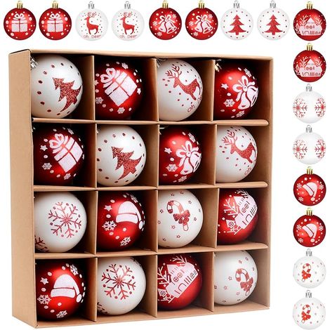 Lot de 16 boules de Noël en plastique - Décoration de Noël - Boules de sapin de Noël avec cordon - Rouge et blanc - Décoration de Noël - Décoration de Noël extérieure et intérieure (B)
