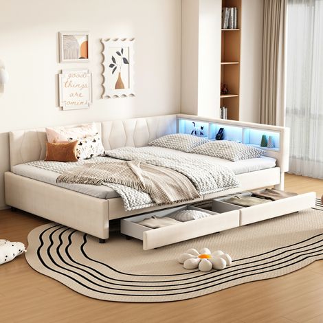 Lit banquette 140 x 200 cm en lin beige avec LED, USB-C et rangements intégrés (1/5)