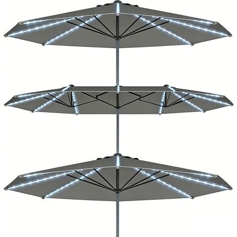 3er-Set doppelsonnenschirm mit Solar LED Lichtern 451x267 cm Aluminium UV 50+ Sonnenschirm mit Handkurbel, Balkonschirm windfest Marktschirm Sonnenschutz für Strand Balkon Garten, Dunkelgrau