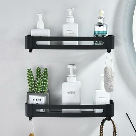 royaluxe - Étagère de salle de bain noire sans perçage, support de rangement mural en aluminium pour serviette de douche, serviettes de douche auto-adhésives durables antirouille (2 niveaux) (1/4)