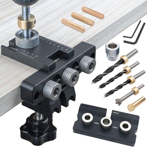 Kit de perçage et de positionnement de mortaise 3 en 1 pour le travail du bois avec forets réglables (8/10/15 mm), guide de précision pour l'assemblage de meubles.