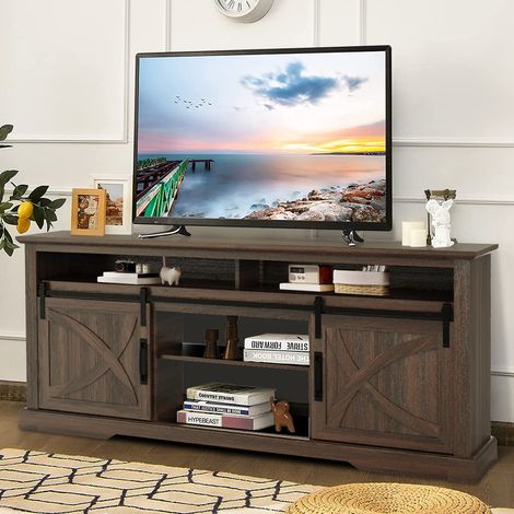 Parrot Uncle TV Stand for 65 Inch TV, Modern Farmhouse TV Unit with Storage Cabinet, Sliding Barn Doors, Adjustable Shelves, Rustic Wood Grain Finish Entertainment Centr (1/5)