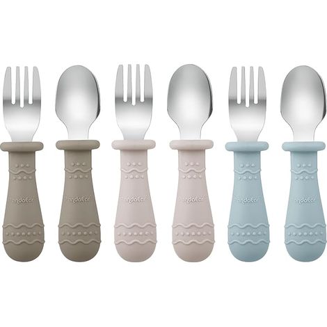 Ensemble de Couverts pour Bébé, Cuillères et Fourchettes Enfants, Acier Inoxydable et Silicone Alimentaire (Marron/Noyer/Bleu) (1/5)