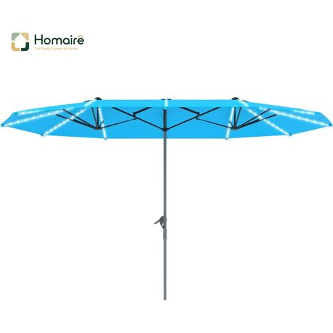HOMAIRE Doppelsonnenschirm avec LED solaires, aluminium, UV 50+, windfest, pour balcon, jardin et plage, bleu