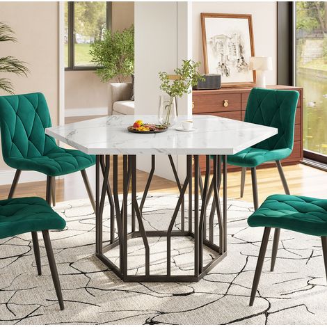 Ensemble table et chaises 5 pièces, table hexagonale effet marbre, noir DESVIAE (1/5)